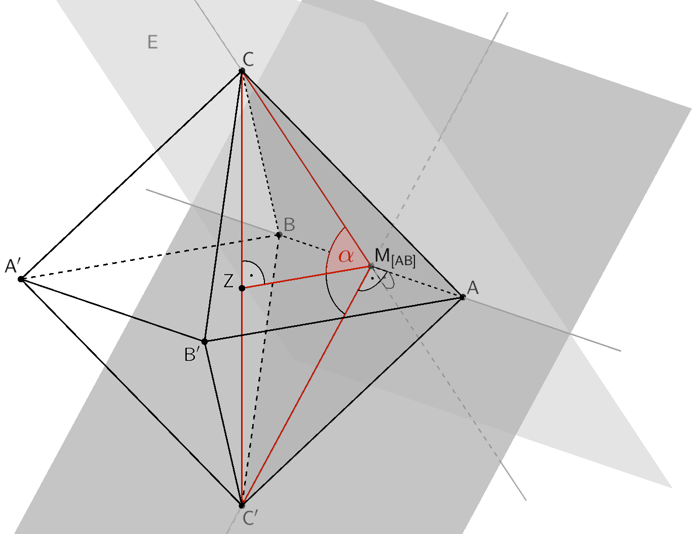 Neigungswinkel α der Ebene E (Dreieck ABC) gegen die Ebene, in der die Punkte A, B und Z liegen