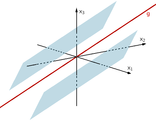 Ebenen, die (echt) parallel zu einer Geraden g liegen, welche alle Punkte mit übereinstimmenden Koordinaten enthält.