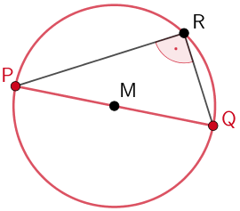 Kugel mit Mittelpunkt M und Durchmesser [PQ], rechtwinkliges Dreieck PQR, Thaleskreis