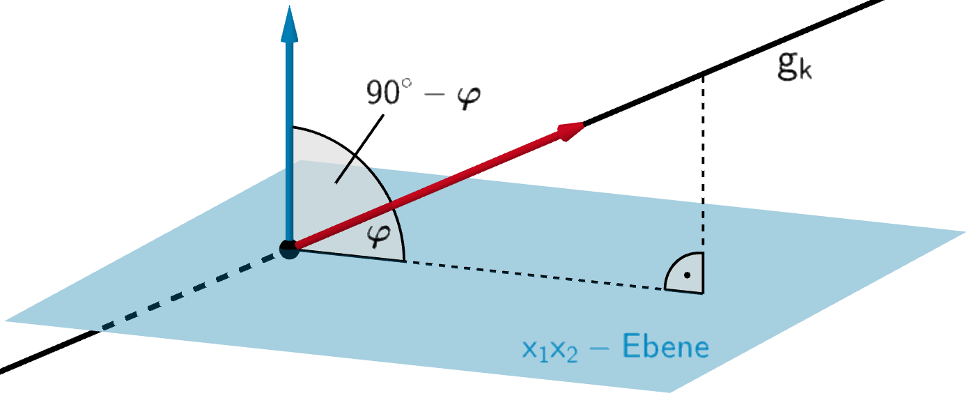 Schnittwinkel 𝝋 zwischen der Geradenschar gk und der x₁x₂-Ebene (schematische Darstellung)