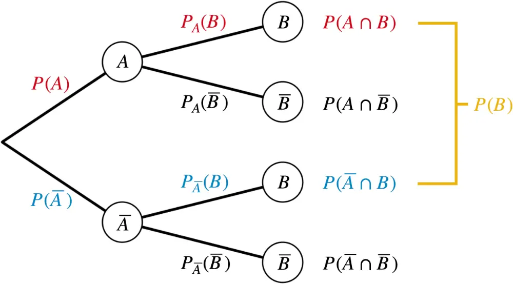 Veranschaulichung der 1. und 2. Pfadregel am Baumdiagramm eines zweistufigen Zufallsexperiments der Ereignisse A und B